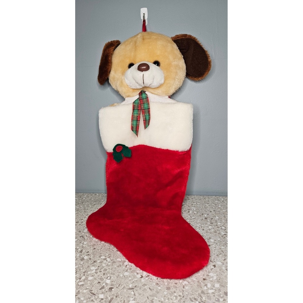 XL Christmas Stocking Puppy Dog Plush 3D Tan Red Stuffed Animal Holiday